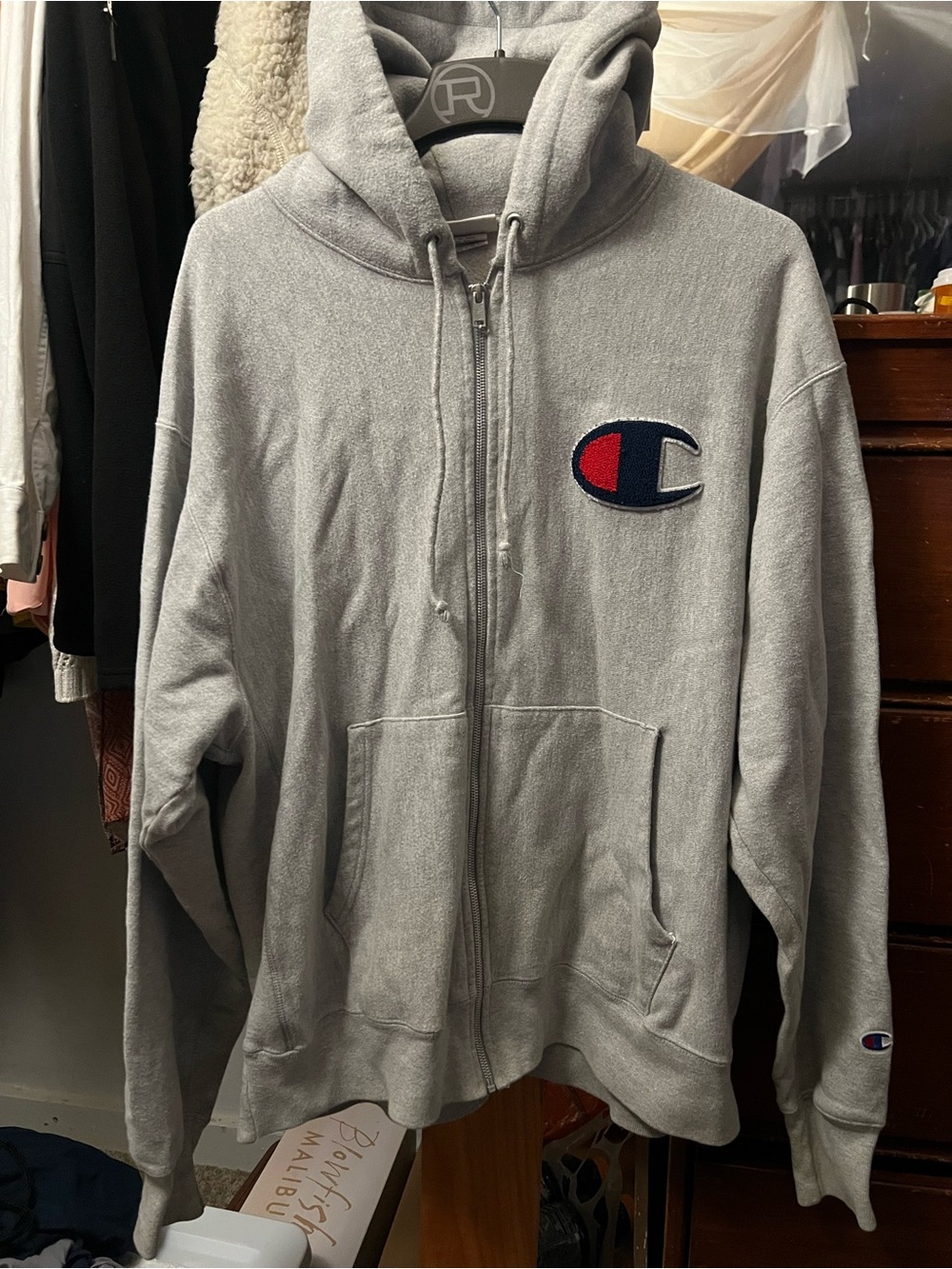 Champion Light Gray Full-Zip Hoodie with Red & Navy Logo